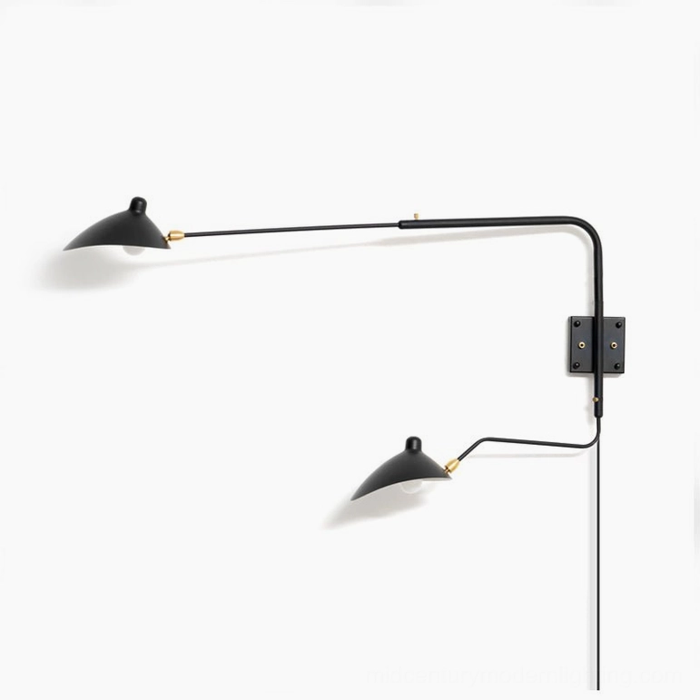 Matte black dual-arm wall sconce with brass ball-and-socket joints in studio lighting setup