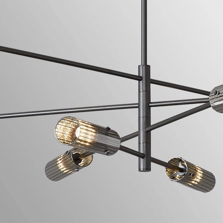 Black sputnik chandelier with shades close-up low angle smoked ribbed glass