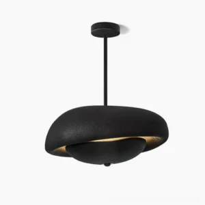 Black matte wabi-sabi sculptural resin pendant lamp with organic cloud-like shape on white background