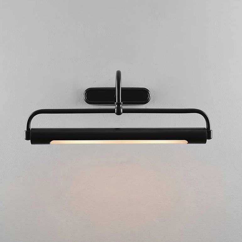 Matte black wall picture light with curved gooseneck and integrated LED warm glow