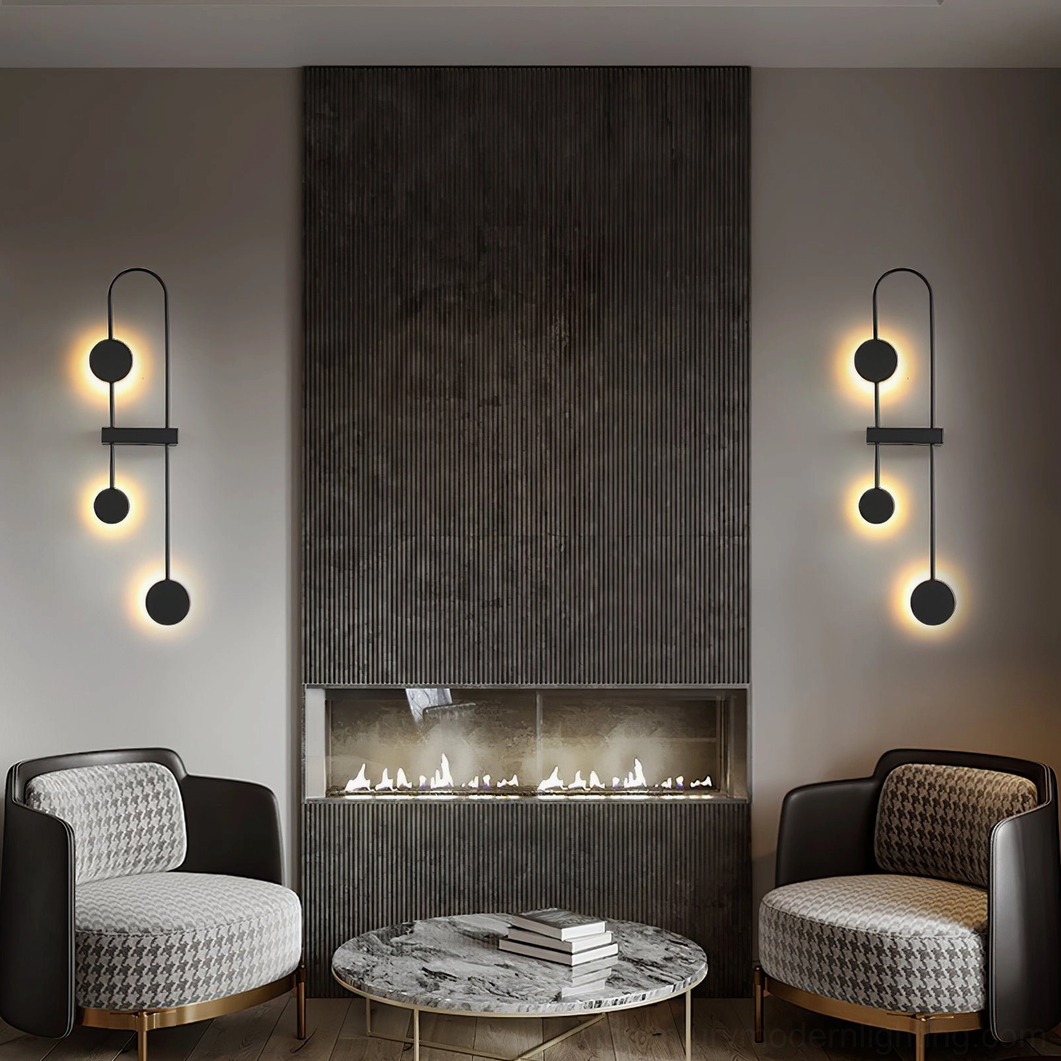 Pair of matte black molecular wall lamps flanking fireplace feature in minimalist modern interior