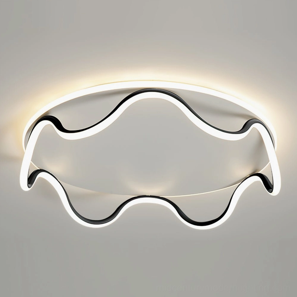 Black wavy ceiling lamp creating dramatic contemporary illumination in minimalist modern interior space