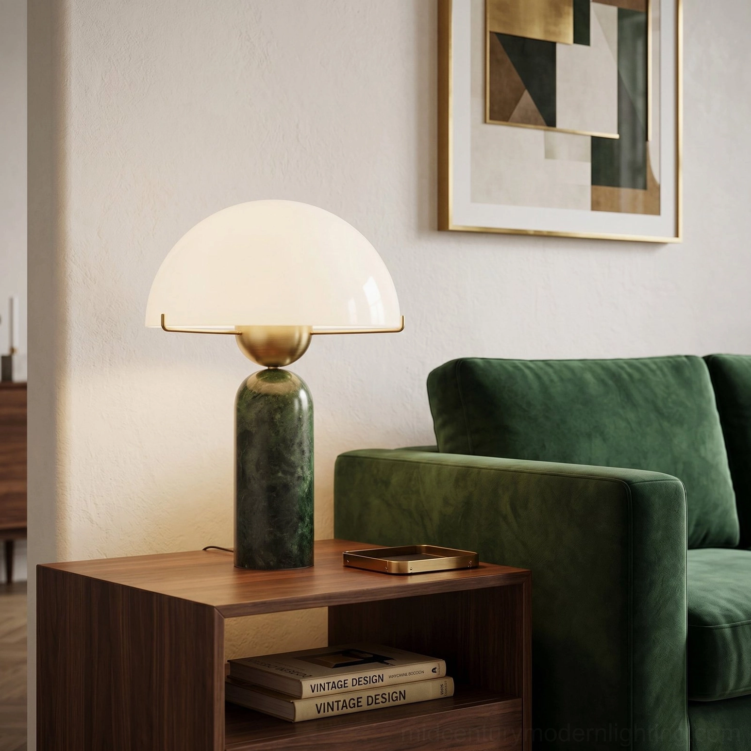 White and black marble table lamp creating moody focal point light in design-forward contemporary interior