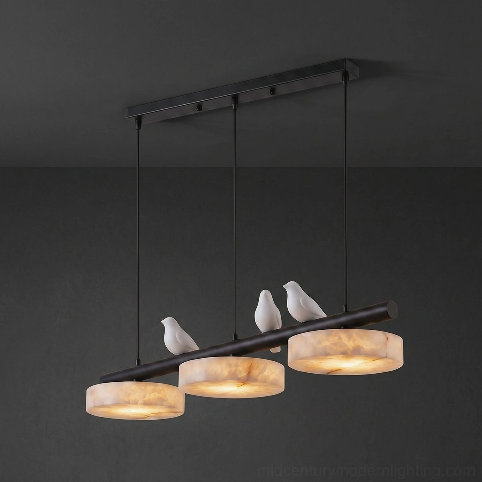 Black and white linear alabaster chandelier with three sculptural birds, illuminated discs