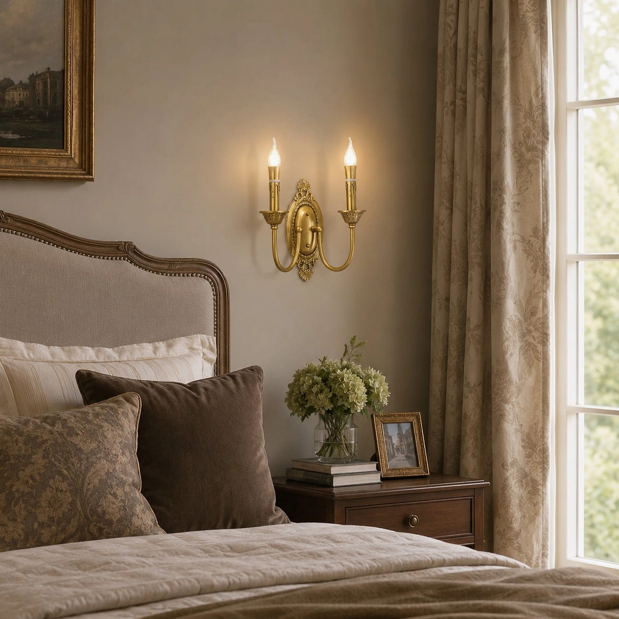 Double-arm brass candle wall sconce installed beside tufted upholstered headboard in warm bedroom ambiance
