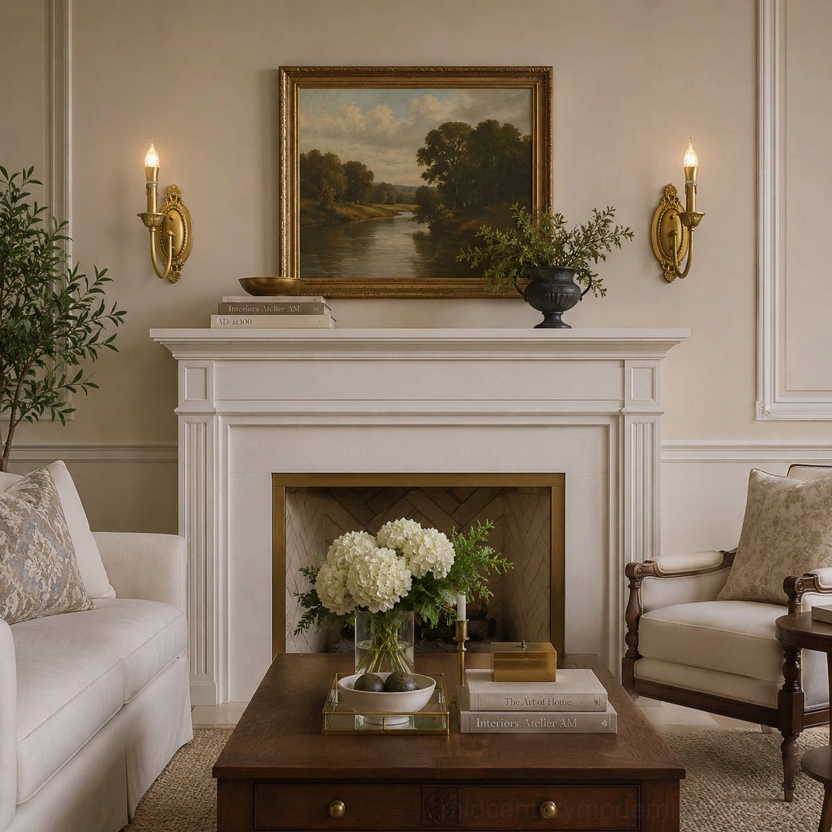 Two Blair brass wall sconces symmetrically positioned on either side of fireplace mantel in formal living room with neutral traditional decor