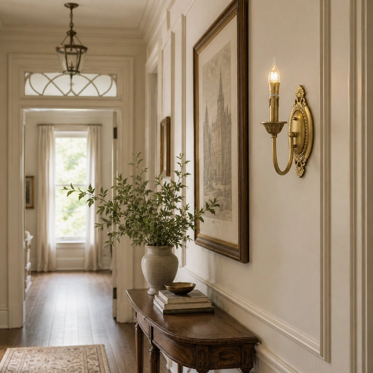 Single Blair brass candle sconce mounted above console table in residential hallway corridor with vintage aesthetic
