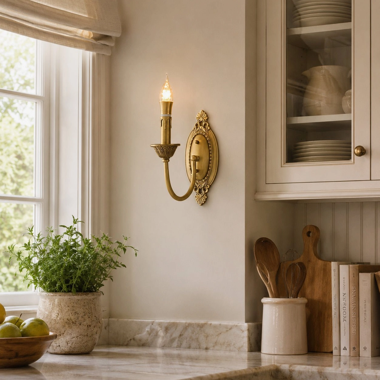 Blair brass candle wall light installed in farmhouse kitchen nook above seating area with rustic charm