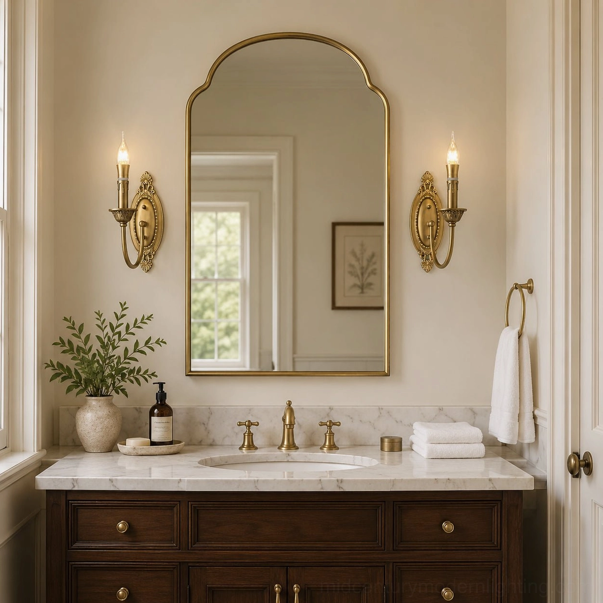 Paired Blair brass candle sconces flanking arched bathroom vanity mirror in elegant residential bath space