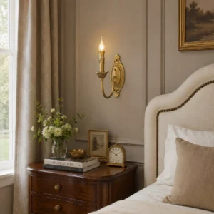 Single arm Blair brass wall sconce installed above upholstered bed headboard in warm master bedroom interior