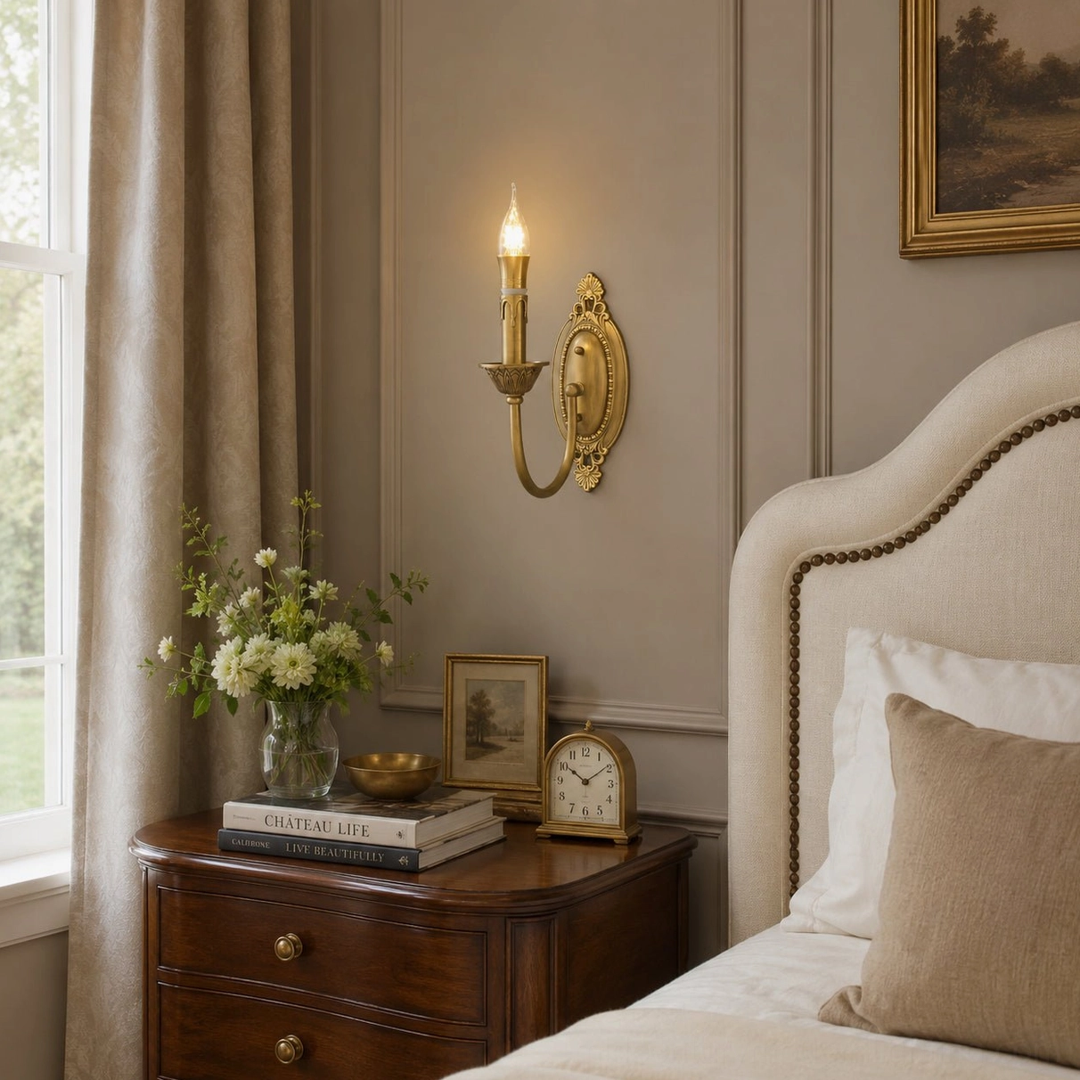Single arm Blair brass wall sconce installed above upholstered bed headboard in warm master bedroom interior