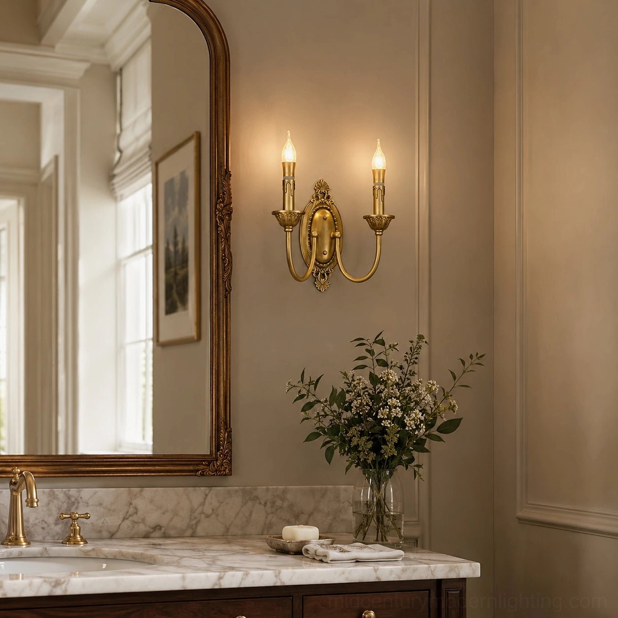 Close-up detail of Blair brass candle wall sconce showing hand-finished brass construction and ornamental detailing
