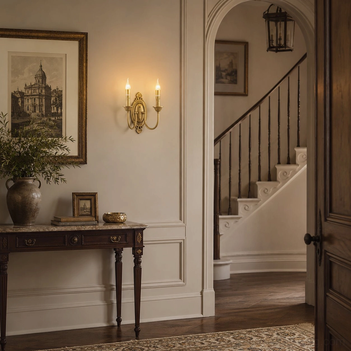 Double-arm Blair brass wall sconce illuminating home stairwell entry hallway in classic traditional style
