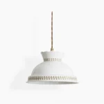 Blair ceramic pendant light white shade with twisted brown cord and brass hardware, studio front view