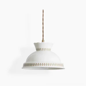 Blair ceramic pendant light white shade with twisted brown cord and brass hardware, studio front view