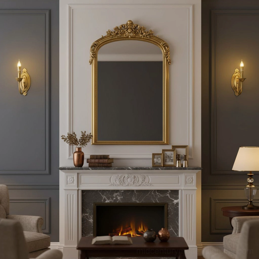 Wide Blair brass candle sconce shown in living room interior above upholstered sofa