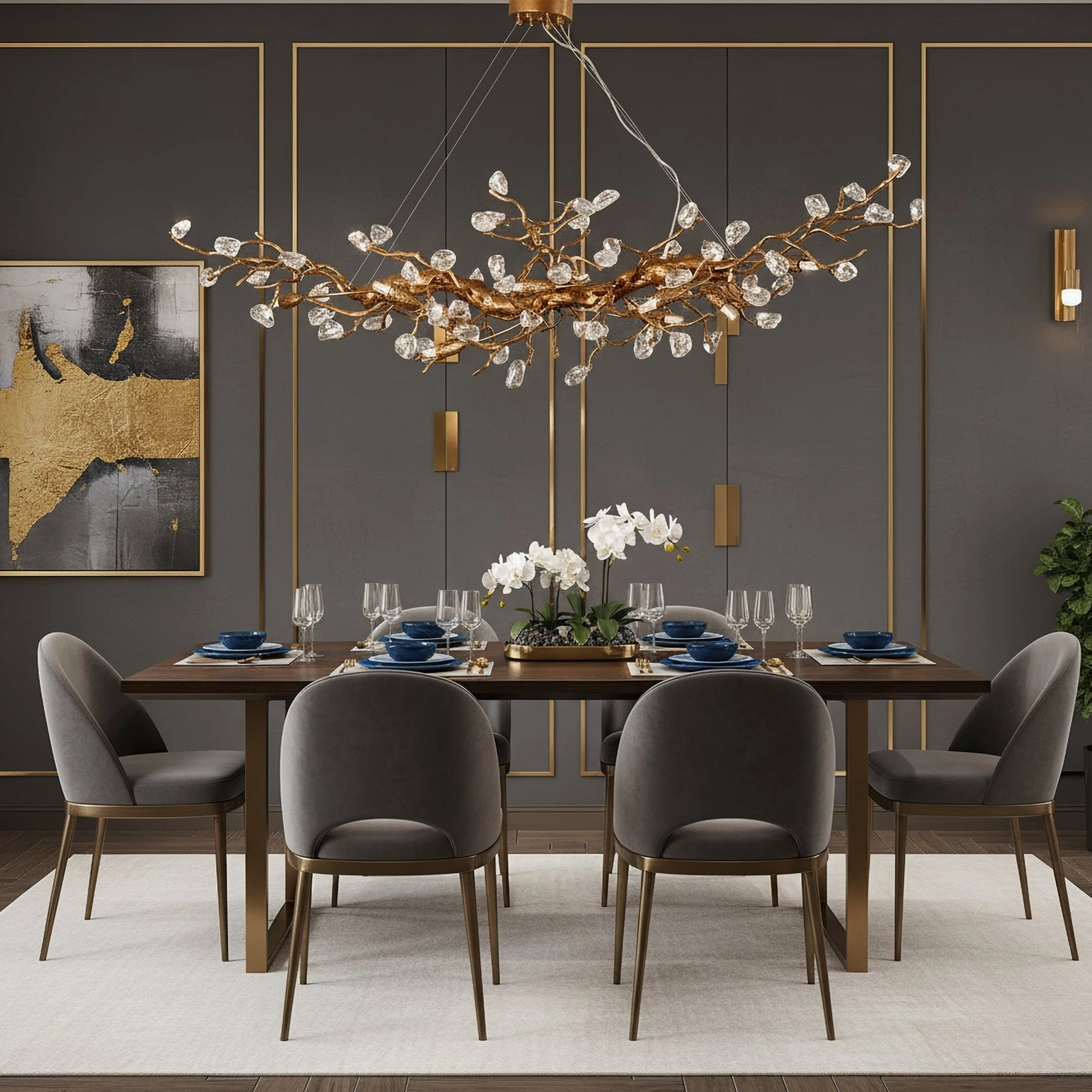 Bloom Branch Chandelier in modern luxury dining room with grey upholstered chairs and contemporary decor
