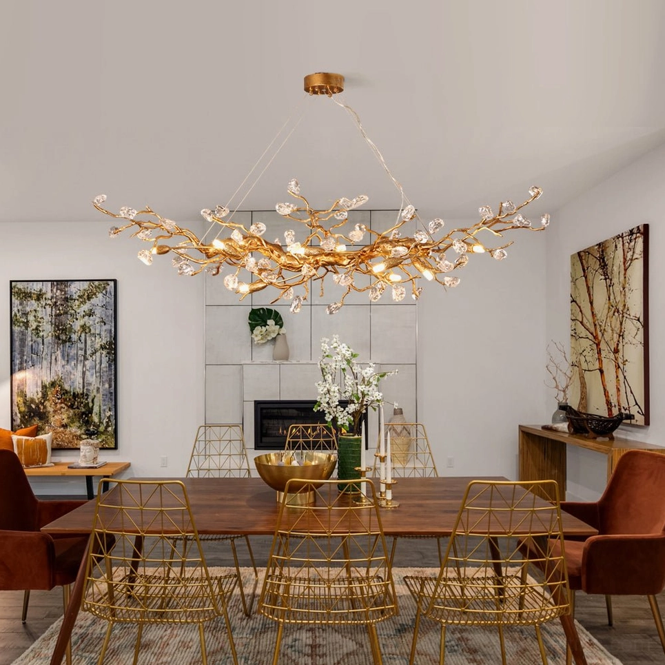 Bloom Branch Chandelier installed above dining table in luxury formal dining room with warm ambient lighting