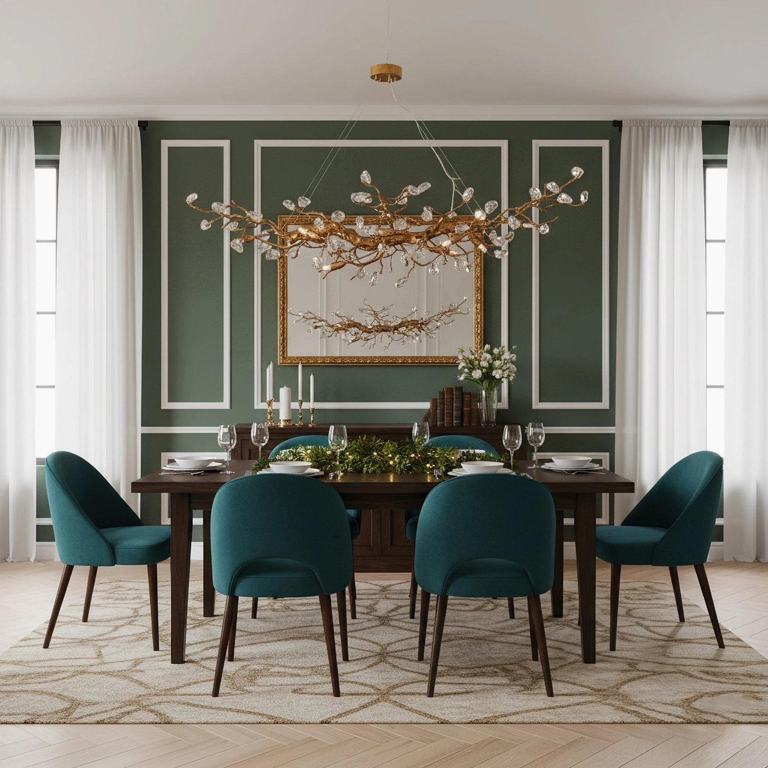Bloom Branch Chandelier suspended in elegant dining room with dark green walls and teal velvet seating