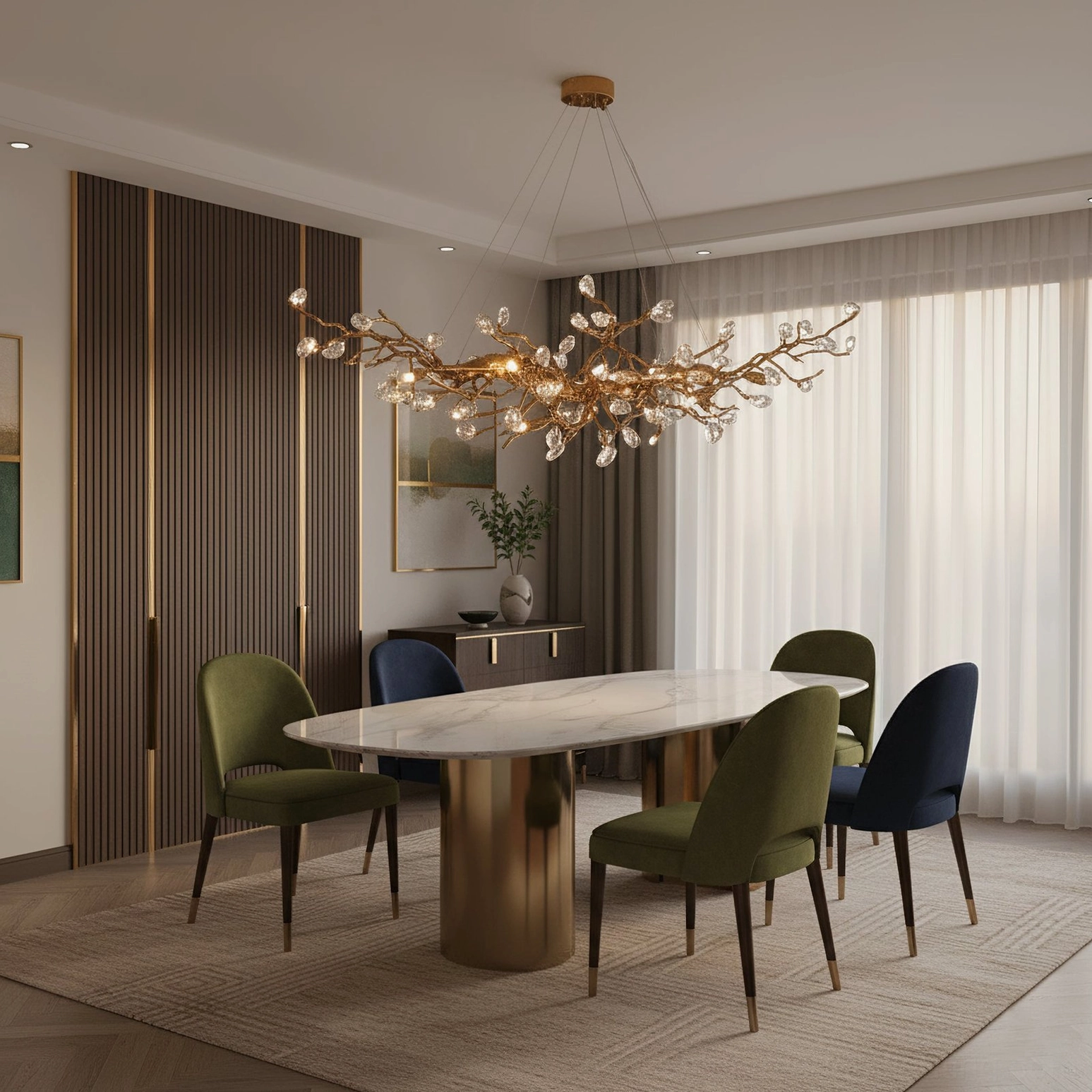 Bloom Branch Chandelier in minimalist dining room with natural light and mixed modern seating