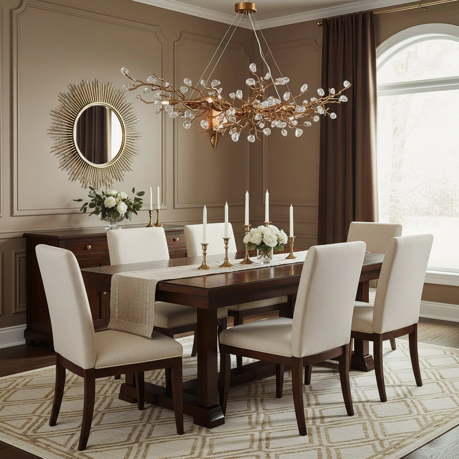 Brass Bloom Branch Chandelier with crystal buds in traditional formal dining room with white upholstered chairs