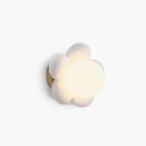Bloom flower wall lamp front view with white frosted glass petals and wood base on minimalist background