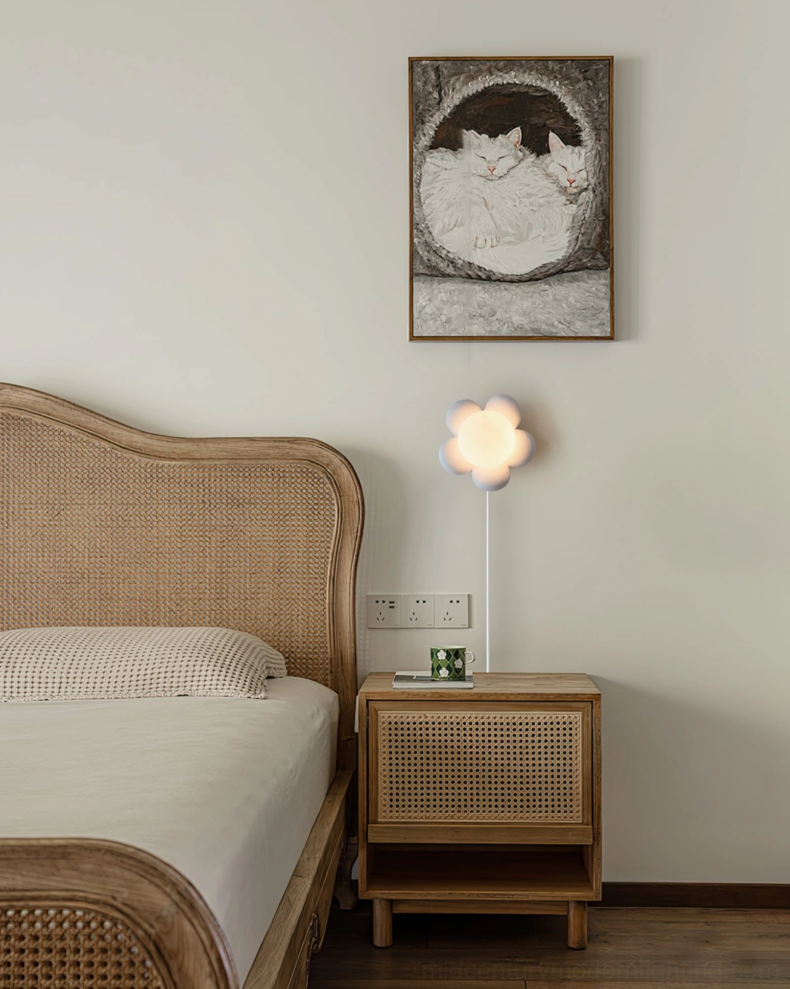 Bloom white flower wall lamp Japanese wabi-sabi bedroom rattan bed warm minimalist ambiance