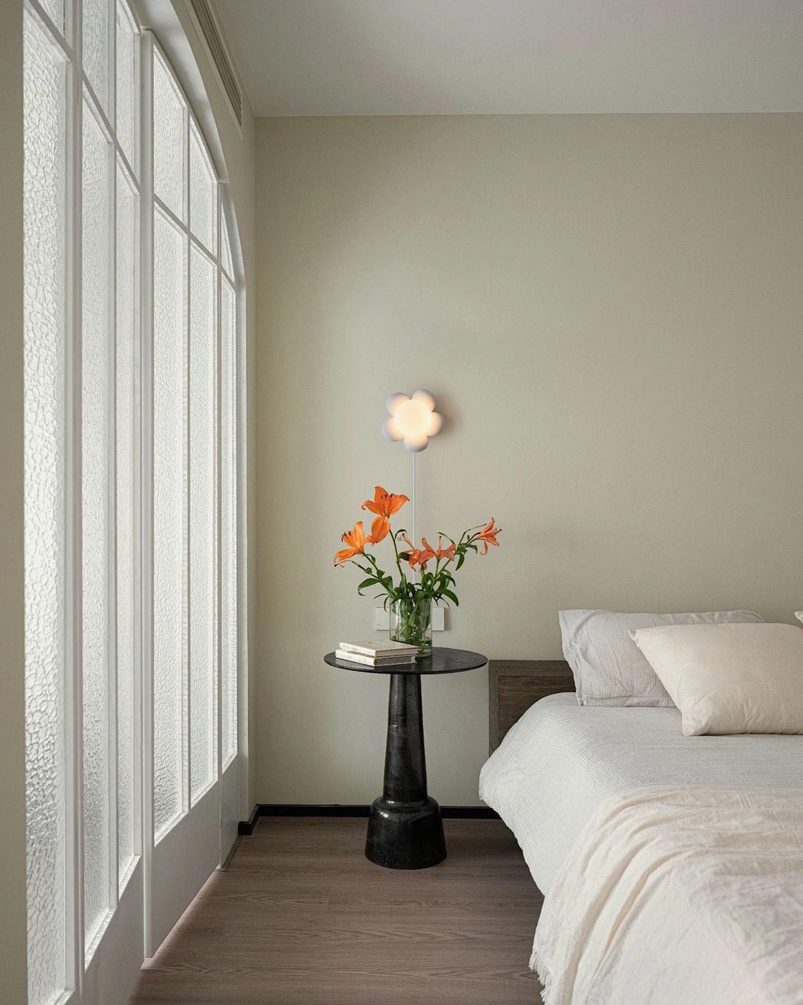Bloom white flower wall lamp bedroom light green wall soft illumination modern Scandinavian design
