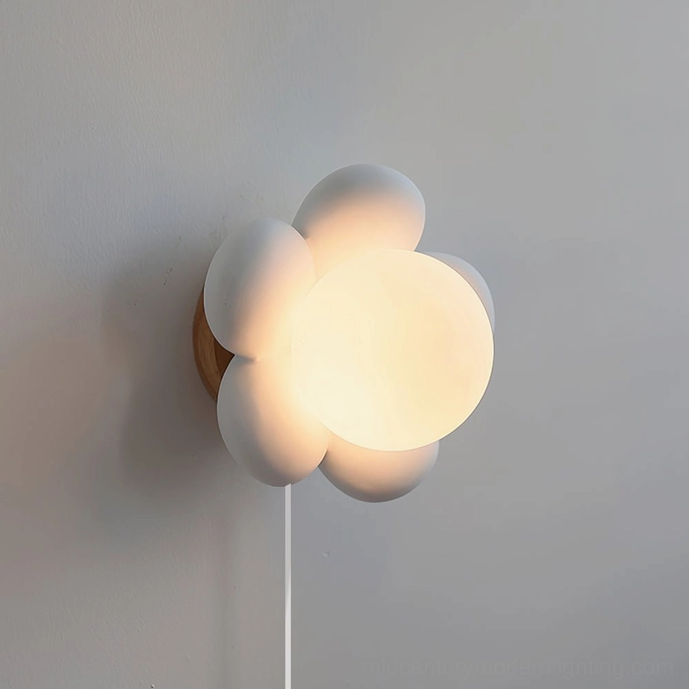 Bloom white ceramic flower wall lamp detail shot glass petals frosted finish wall-mounted