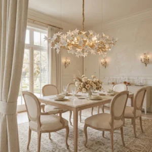 Blossom branch chandelier in beige classic formal dining room with warm ambient lighting and neutral home decor