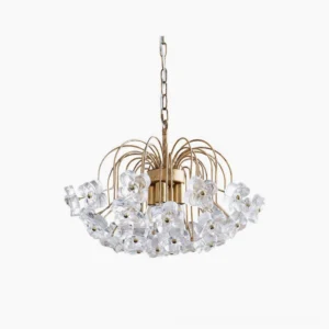 Blossom crystal flower pendant light with brass gold metal frame and hand-crafted glass flowers, top-down studio view on white background