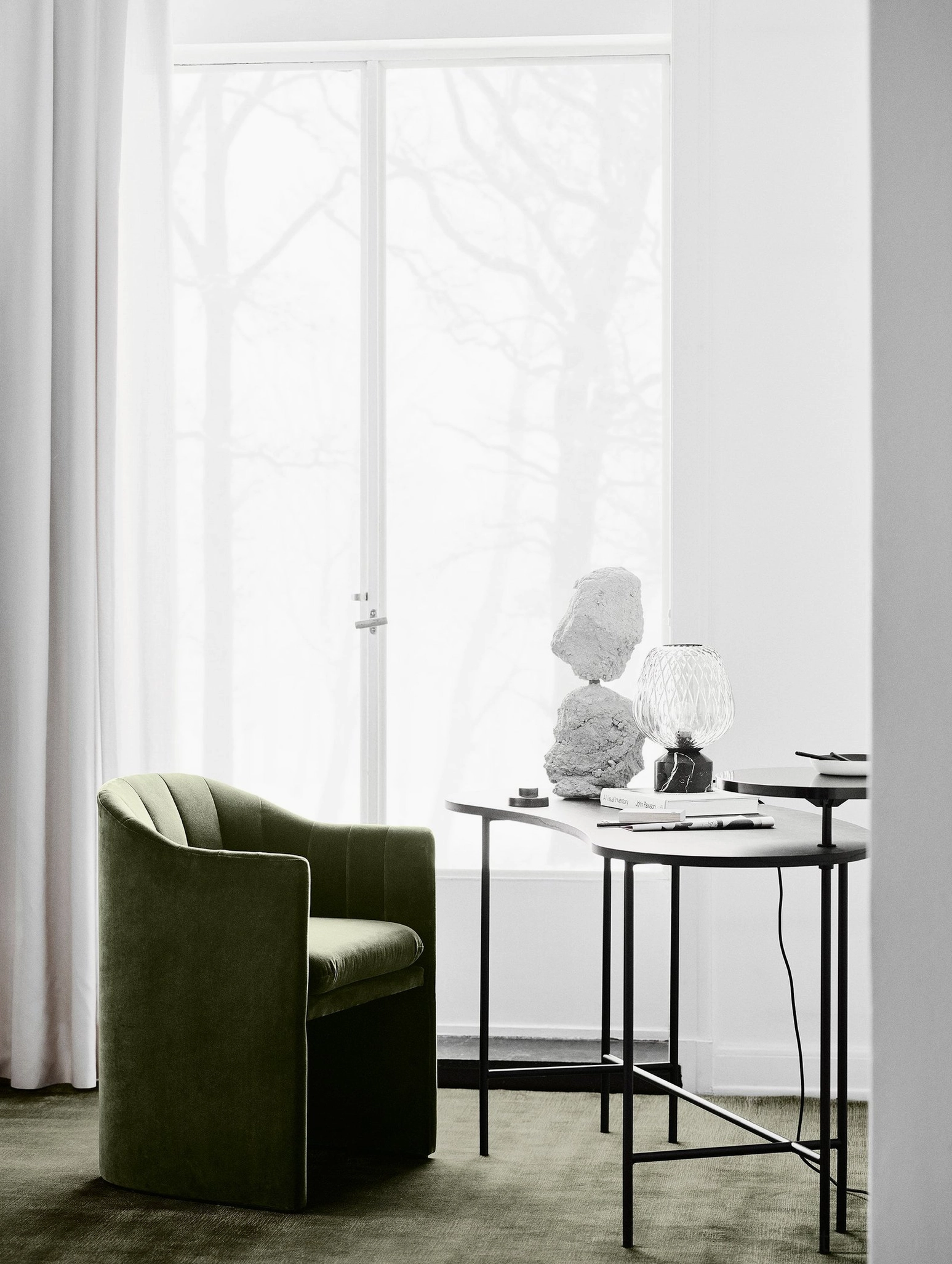 Modern textured glass table lamp with marble base, architectural product detail shot