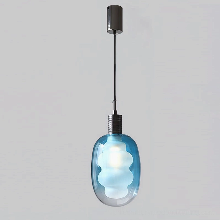 Blue and black pendant light variant, dark metal accents, gradient blue glass, studio presentation