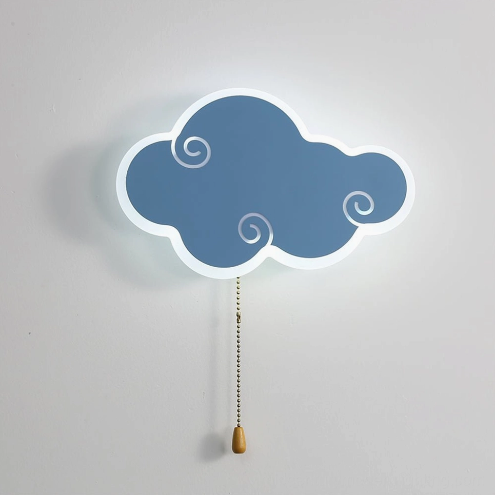 Navy blue cloud wall lamp with white border detail and warm glow, modern kids room decor