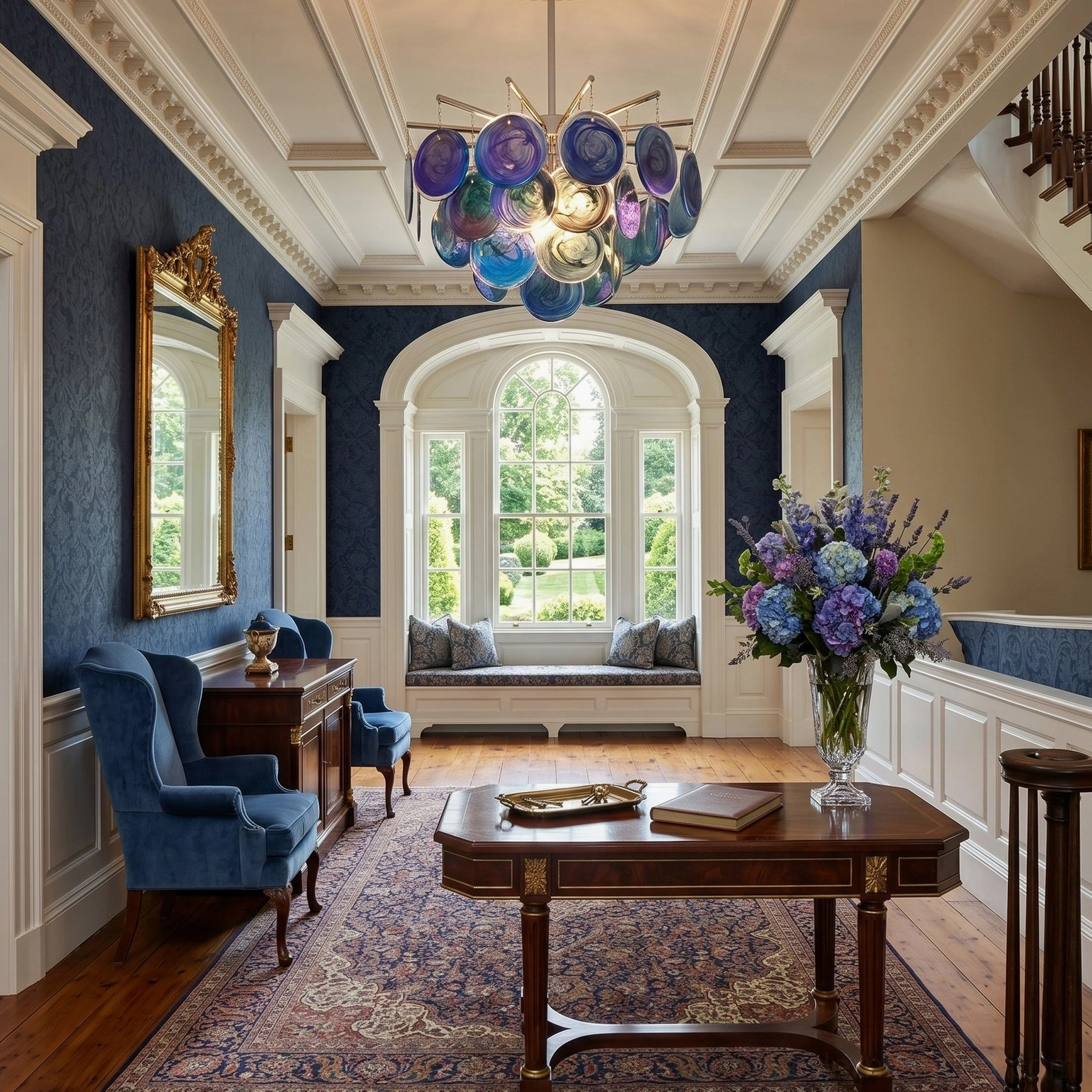 Blue gradient marble-swirl glass chandelier suspended in formal French living room with dark wood furniture and blue floral decor