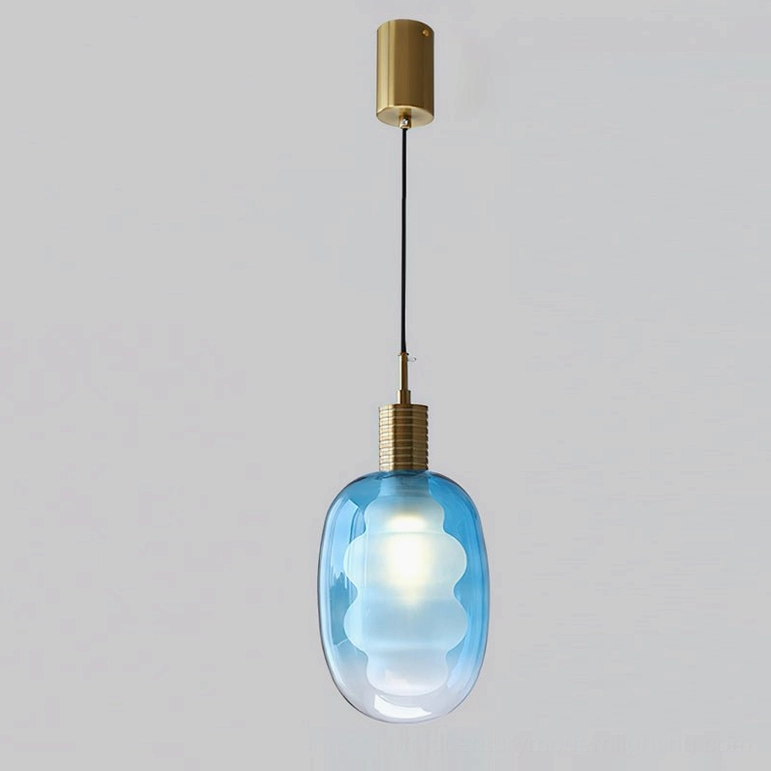 Blue and gold pendant light option, gradient blue glass with brass accents, studio presentation