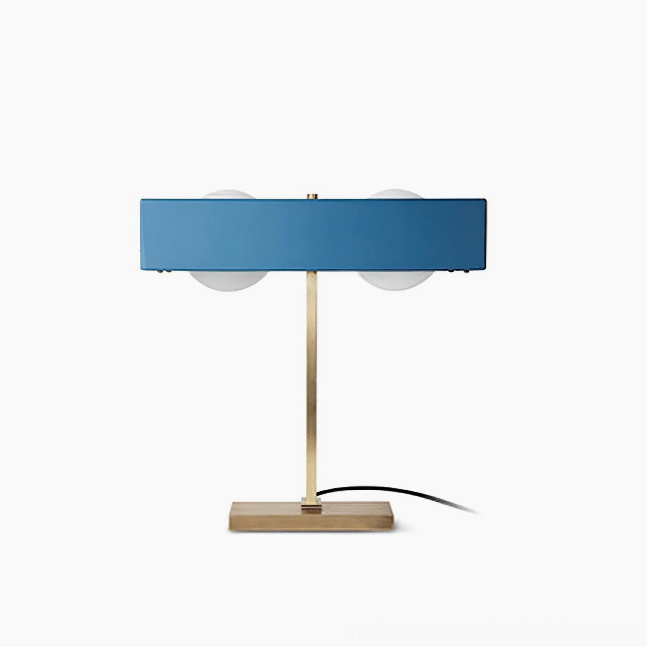 Blue Kernel table lamp with dual frosted glass globes showing ambient warm light diffusion