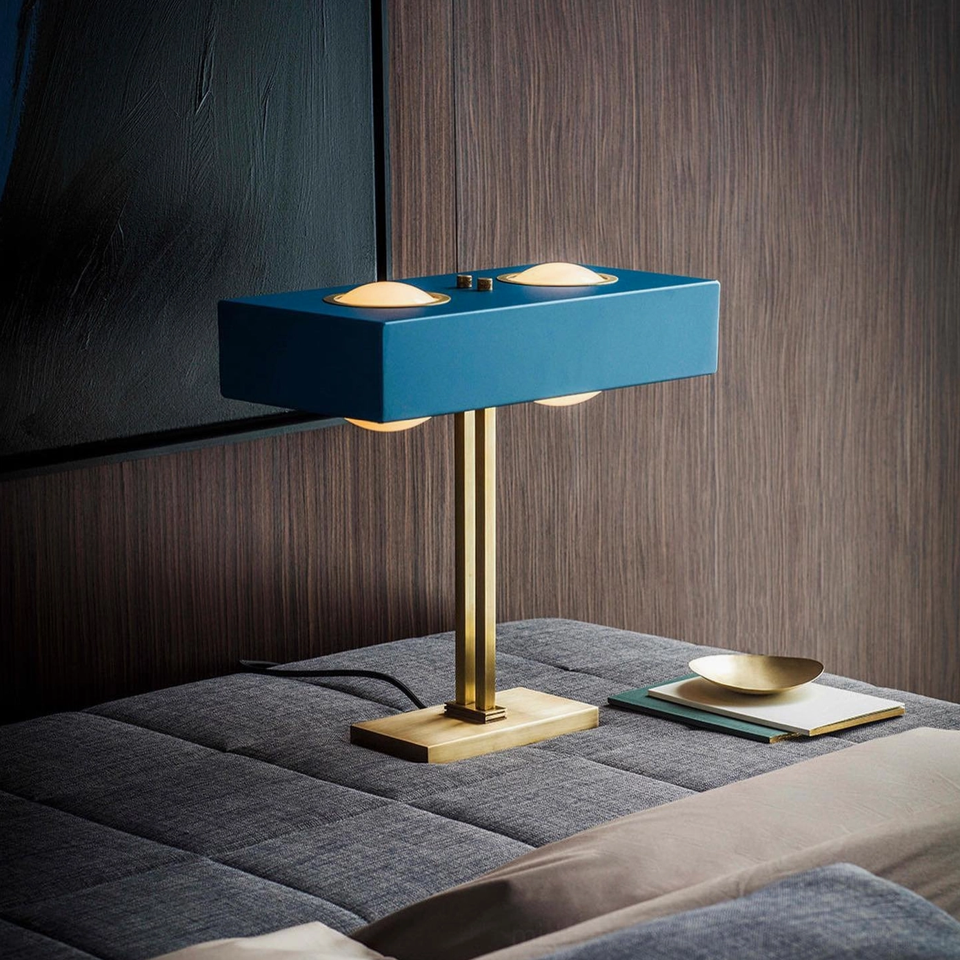 Blue finish Kernel table lamp mid-century color palette in contemporary interior setting