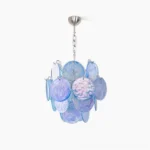 Blue Murano glass disc chandelier studio view with iridescent glass cluster and polished nickel hardware