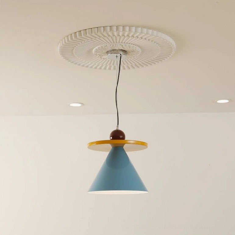 Blue striped mid-century modern pendant light hanging against ceiling showing geometric cone shape and color detail