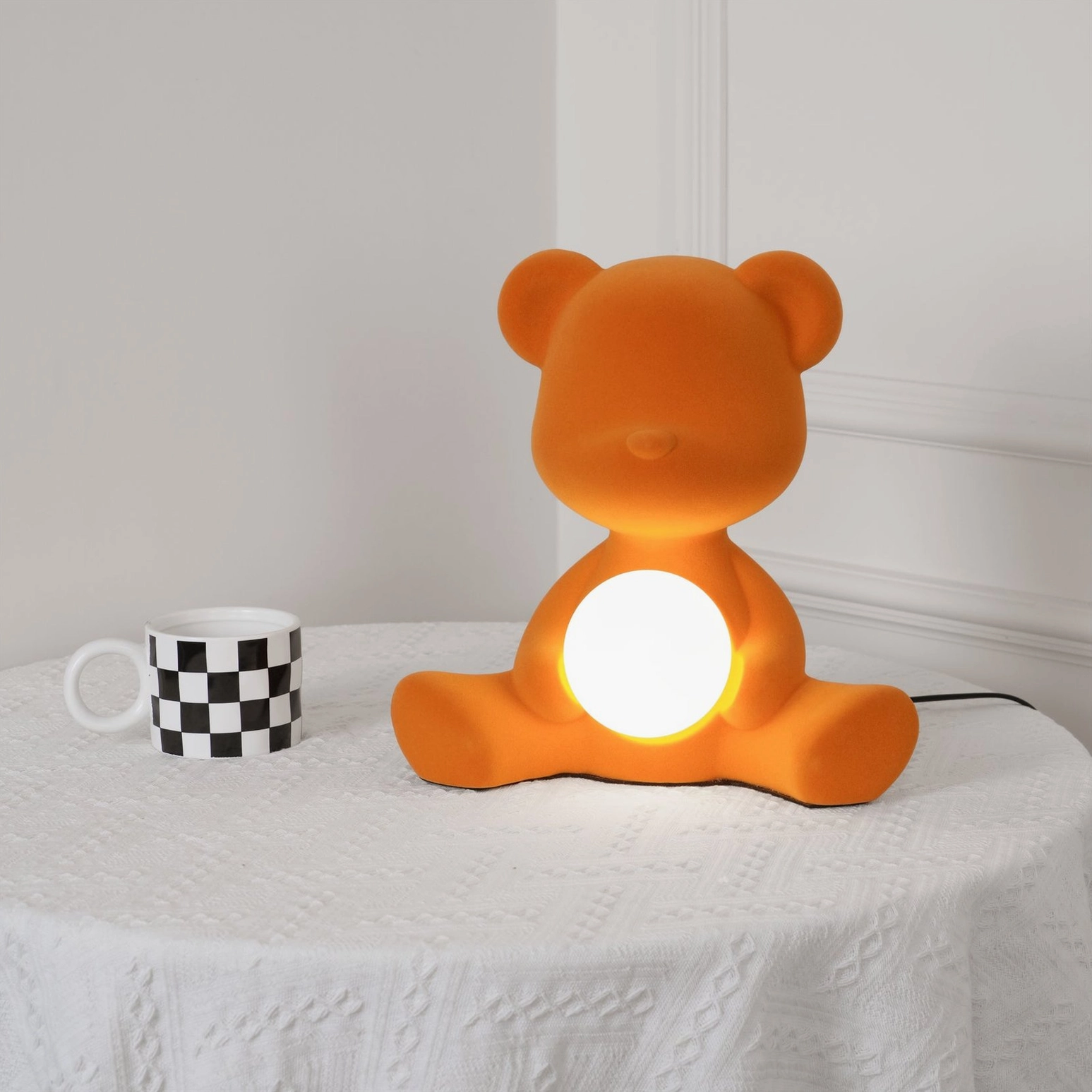 Blue teddy bear table lamp dimensional product photography showing design details