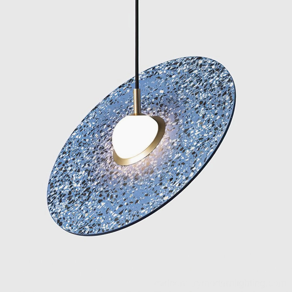 Blue terrazzo pendant lamp color option display with metallic hardware