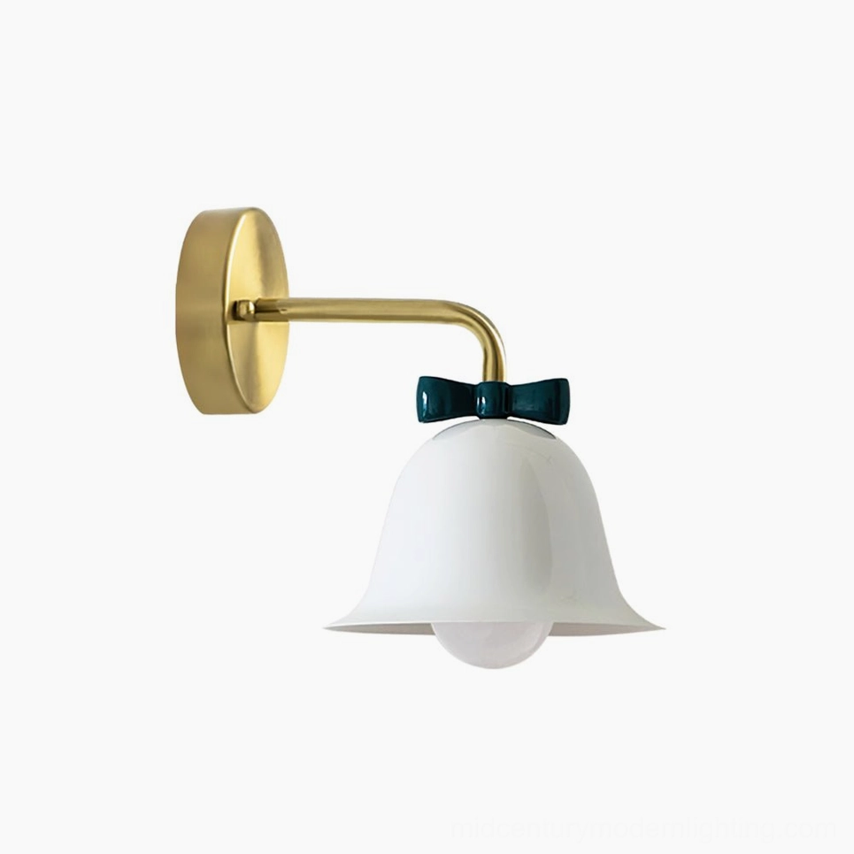 Blue and white Bow Bell Wall Lamp two-tone finish in 1950s-themed gallery wall setup
