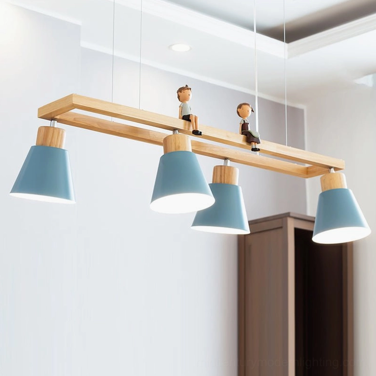 Four-head wooden cone pendant chandelier in blue finish for modern contemporary spaces