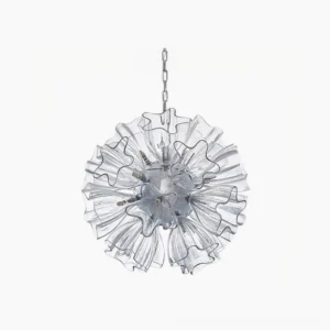Blum Flower Glass Chandelier with ruffled clear glass shades and polished metal frame on white background