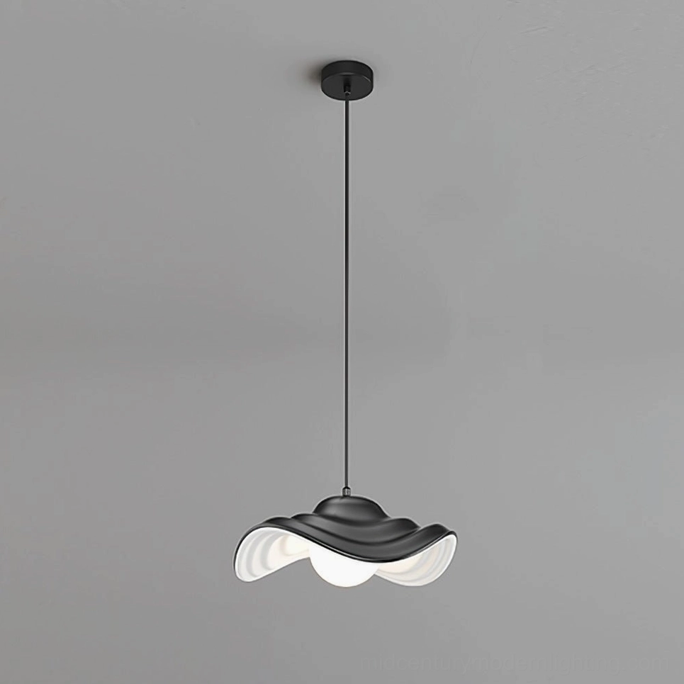 Blush pink wavy pendant lamp displayed as statement piece in contemporary home interior with modern minimalist design aesthetic