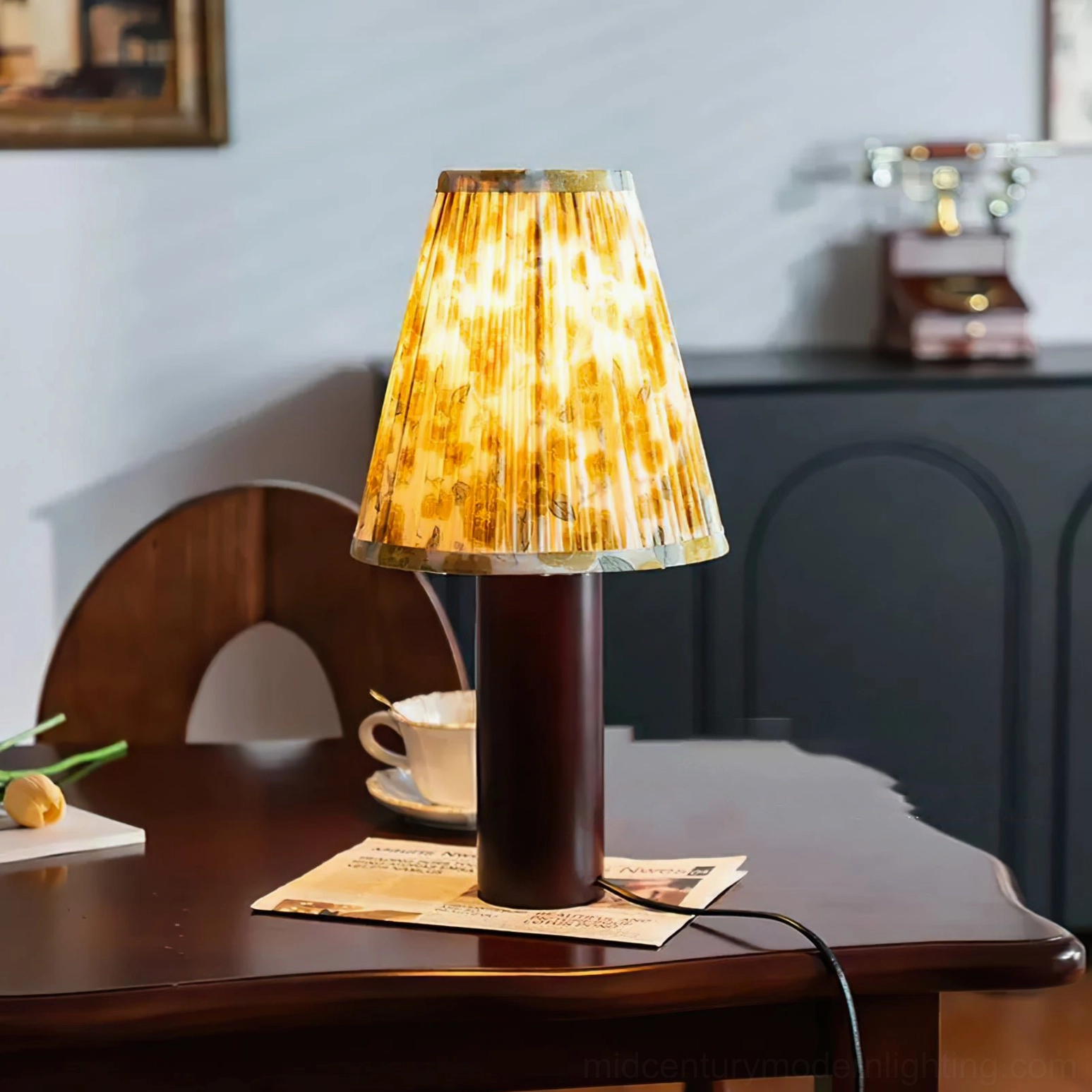 Vintage-inspired Bobbin lamp displayed on dining table with retro home décor accessories and warm lighting