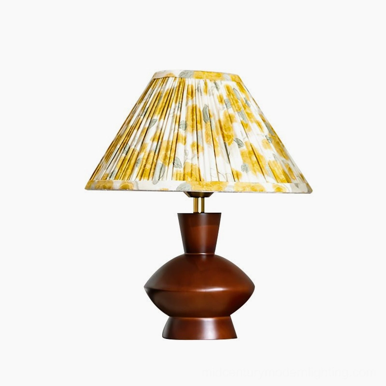 Bobbin Model A compact mid-century modern table lamp with walnut wood base and yellow pleated shade