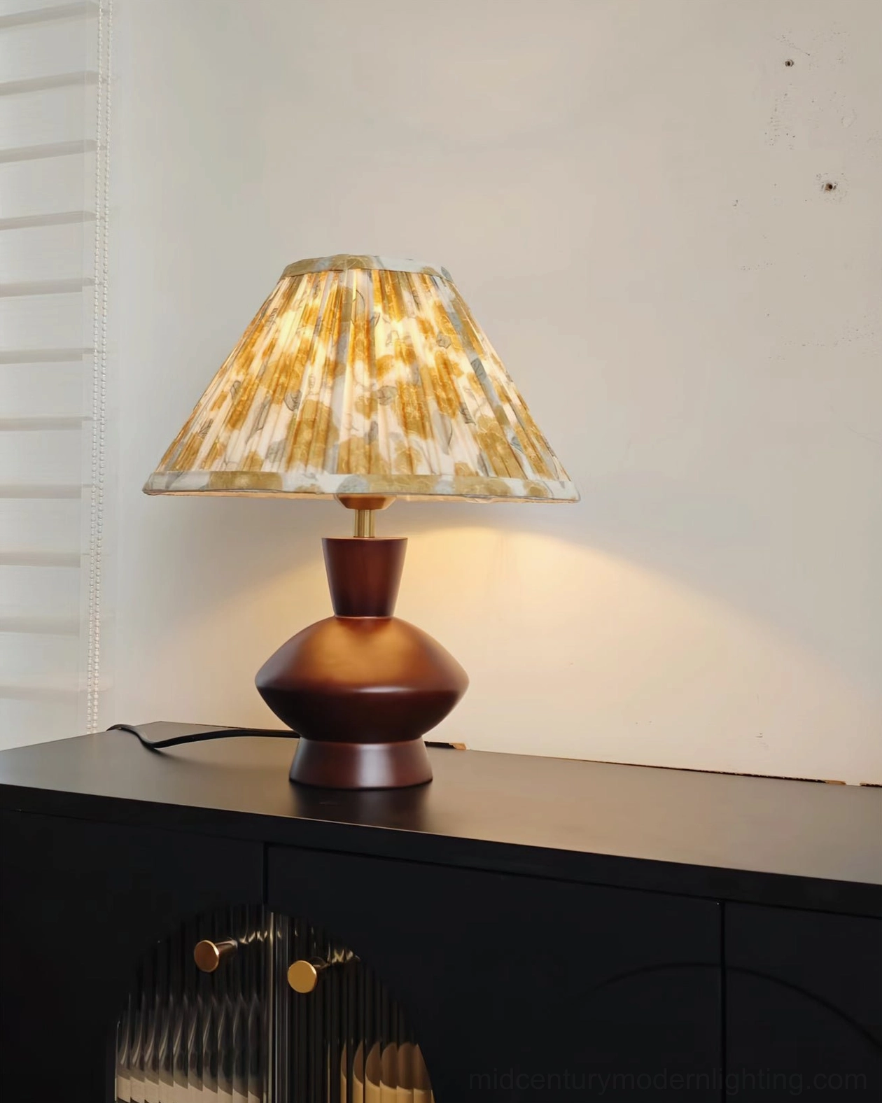 Bobbin mid-century modern table lamp full product view showing proportions and pleated shade design