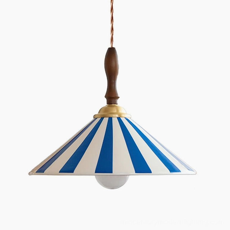 Blue and white striped Bobine pendant light ceramic shade with walnut wood top and brass fittings, color variant